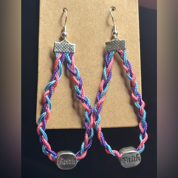 Hand Crafted Jewelry - Pink Purple and Blue Faith Braided Rope Earrings